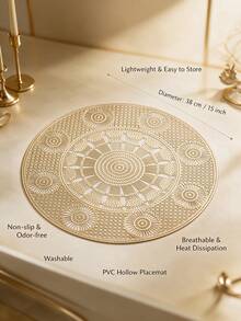 1-12pcs Sunflower Pattern Gold Placemats, European Luxury PVC Round Waterproof Oil-Proof Table Mats, Suitable For Weddings, Gatherings, Western Restaurants, Holiday Banquets - Multicolor - View 3