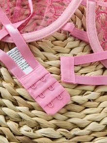 2件組女款刺繡內衣套裝，半透心形胸罩與蝴蝶結內褲，性感睡衣，女款秋季服飾 - 粉色 - 查看 7