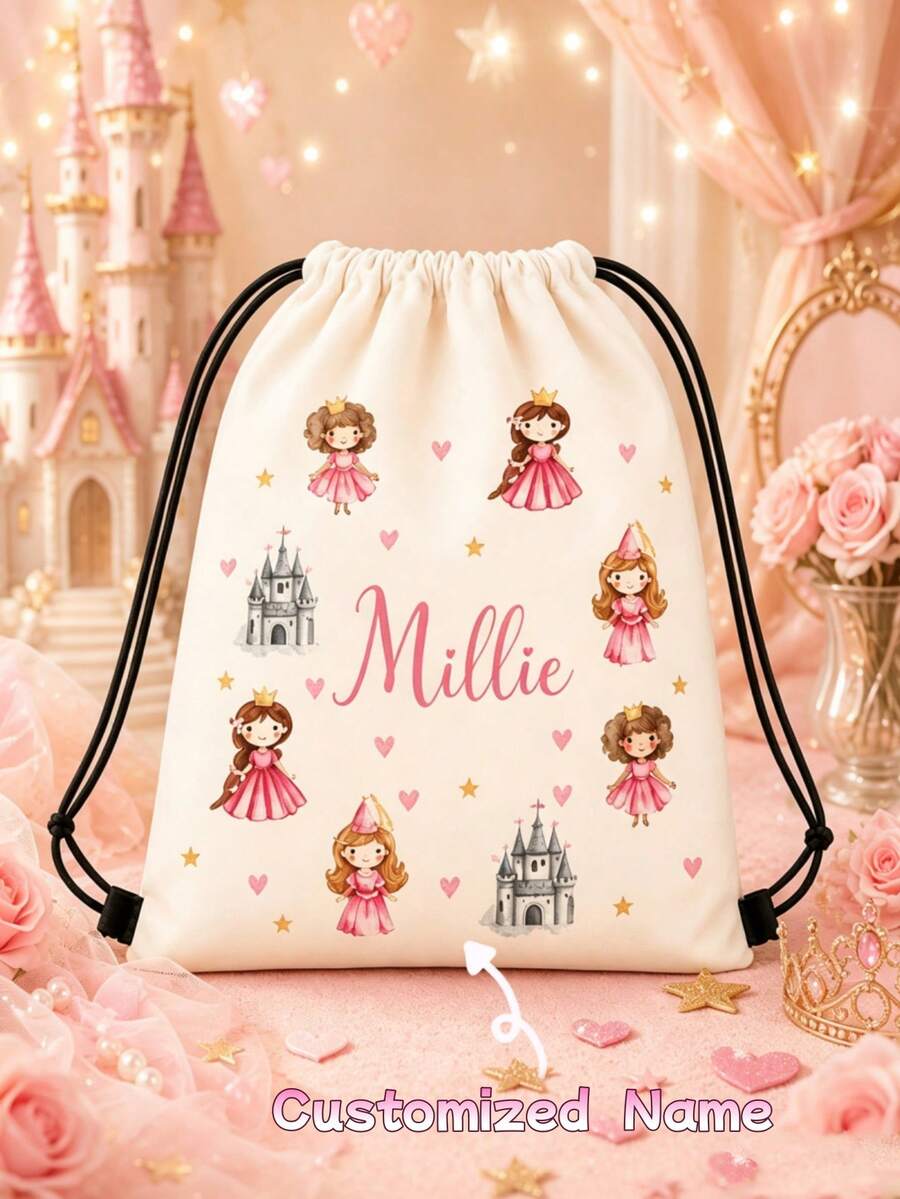 Customizable Name Drawstring Backpack, Cute Style, Pink Rainbow With Soft Heart Print, Customizable Name, Thick And Durable Fabric, Smooth Drawstring Closure, And Convenient, Lightweight And Easy To Carry, Suitable For Fitness And Daily Use - Multicolor - View 1