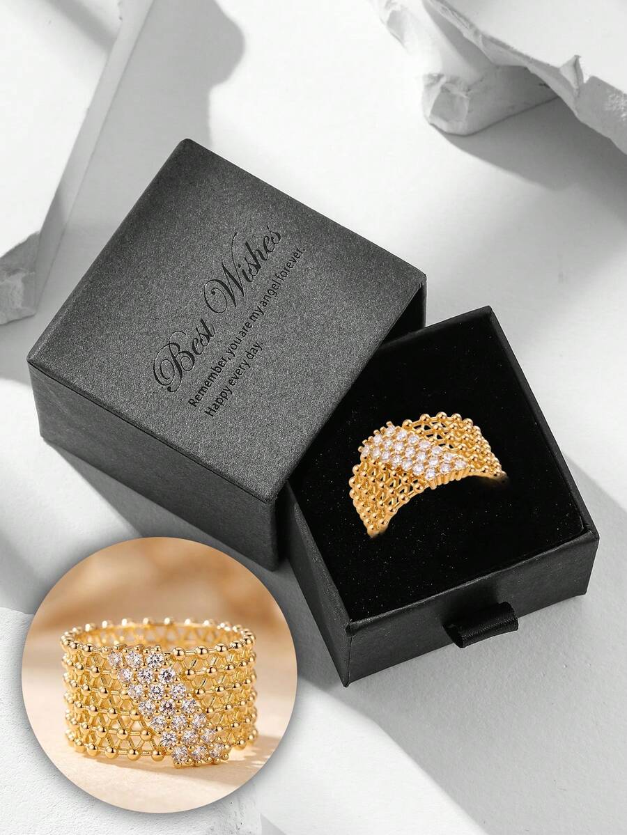 Gift Box Style Luxurious Gold Geometric Wide Band Ring, Inlaid With Cubic Zirconia And Beaded Edge, High-End Fashion Jewelry, Suitable For Women's Party Or Wedding Gift - Gold - View 1