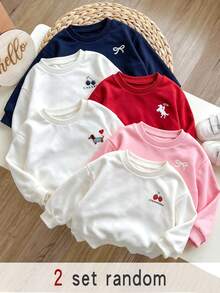 Girls' Pink Crew Neck Sweatshirt, Simple Print Loose Drop Shoulder Long Sleeve Autumn Top, 6-2 Random - Multicolor - View 4