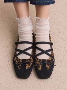 Leopard Print Colorblock Square Toe Ballet Shoes, Black Suede Bow Decor With Cross Elastic Straps, Classic Wild Leopard Print With Black Faux Suede Patchwork, Spring/Autumn Women's Shallow Flat Shoes - Leopard - View 2