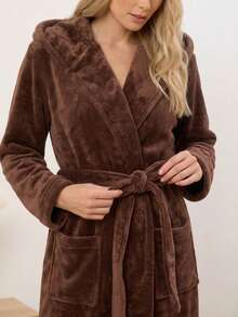1pc Elegant Luxury Women's Long Flannel Hooded Bathrobe, Multi-Color, Suitable For Spring, Autumn And Winter, Comfortable For Home And Leisure - Mocha Brown - View 6