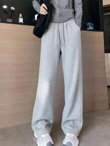 Women's Elastic Drawstring Wide Leg Pants, Casual Straight Leg Sweatpants, Loose Fit Banana Pants For Home, Daily Wear And Commuting - Grey - View 5