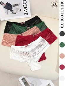 Aofeiqike 5pcs Women's Lace Hipster Panties, Wavy Edge With Bow Decor, Hollow Out Multi-Color Everyday Underwear - Multicolor - View 9