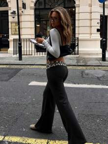 Women's Low Waist Casual Patchwork Contrast Color Leopard Print Wide Leg Pants - Black - View 2