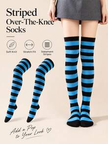 1 Pair Women's Thin Striped Multicolor JK Japanese Cosplay Over-The-Knee Thigh High Socks, Y2K Style, Comfortable - Multicolor - View 8