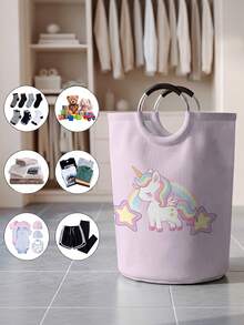 1PC Pony‑Print Fabric Laundry Basket, Foldable Multi‑Purpose Storage Bin With Handles, Dirty Clothes Hamper For Garments, Socks, Jewelry & Toys - Multicolor - View 7