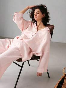 Nude Pink Lazy High-End Minimalist Commute Loungewear Loose Shirt & Wide Leg Pants 2 Pieces Set - Pink - View 13