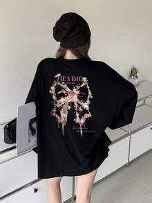 Women's Fashion Autumn/Winter Loose Minimalist Versatile Letter & Floral Print Long Sleeve T-Shirt - Black - View 5