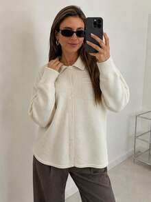 Wixra Cardigan Rajut Kabel Berkerah dengan Kancing Depan, Jaket Rajut Longgar Lengan Panjang dengan Bahu Jatuh Kasual untuk Musim Gugur dan Musim Dingin - Putih - View 3