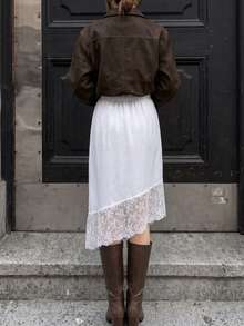 Elegant Lace Patchwork Solid Color Satin Skirt - White - View 5