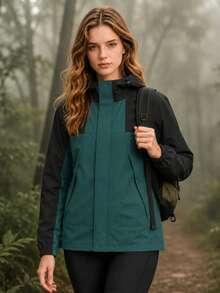 Women's Black & Dark Green Colorblock Hooded Jacket, Adjustable Drawstring Hood, Front Zipper Outdoor Hiking Sports Jacket - Dark Green - View 1