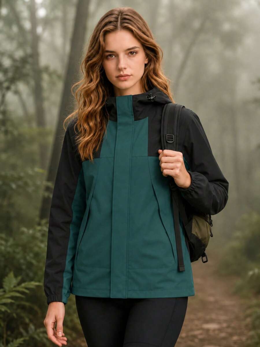 Women's Black & Dark Green Colorblock Hooded Jacket, Adjustable Drawstring Hood, Front Zipper Outdoor Hiking Sports Jacket - Dark Green - View 1