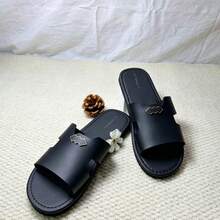 Men's Black Faux Leather One-Strap Slides With Metallic Buckle, Flat Bottom Casual Sandals For Daily Wear And Home Use - Black - View 7