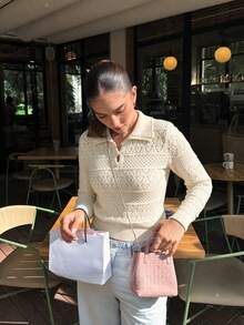 Atasan Rajut Bertekstur Transparan Seksi Sookaug dengan Kancing Mutiara Bergaya Vintage, Kerah Lipat yang Mempertegas Pinggang, dan Lapisan Dalam Pas Badan. - Aprikot - View 7