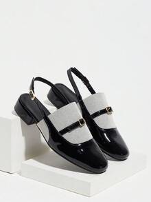 Women's Fashion Slingback Round Toe Colorblock Flat Shoes With Low Chunky Heel, Comfortable Backless Loafers For Outdoor, All Seasons, Commuting, Party, Holiday, Vacation - Black - View 7