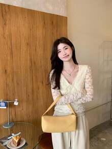 Women's Lace V-Neck Long Sleeve T-Shirt, Unique Elegant Inner Layer Top, Spring/Autumn 2026 New Style - Apricot - View 8