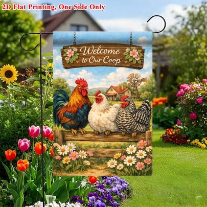 1 pièce Drapeau de jardin 2D, Panneau de bienvenue en bois de ferme avec 3 poules - Impression unilatérale, Matériau en polyester durable, Convient pour la décoration intérieure et extérieure de la maison et du jardin, Décoration d'ambiance de fête, Taille 11,8 x 17,7 pouces, Mât de drapeau non inclus