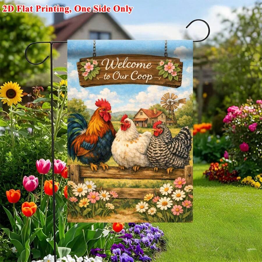 11.8 X 17.7 Inch 2D Flat Polyester Garden Flag, Single-Sided Printed Decorative Flag, Farm Rooster & Hen Welcome To Our Coop Windmill Farmhouse Wildflower Pastoral Theme, Suitable For Garden Porch Balcony Yard, All-Season Outdoor Decoration, Country Farm Courtyard Welcome Hanging Flag, Flag Pole Not Included