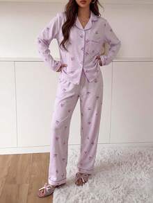 2pcs/Set Women's Pajamas Homewear Set Striped Bow Print Long Sleeve Lapel Top And Pants Autumn/Winter - Purple - View 3