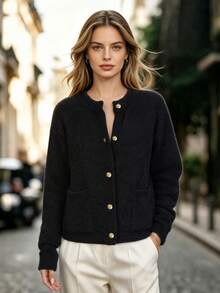 DONICY Women Elegant Fuzzy Knit Cardigan, Round Neck Gold Button Pocket Long Sleeve Fall Outerwear - Black - View 10