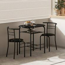 3-Piece Dining Table Set , Metal Frame Wood Top Breakfast Bar Table Set 2, Dining Table/Storage Shelf & 2 Chairs On-Site - Black + Engineered Wood - View 8