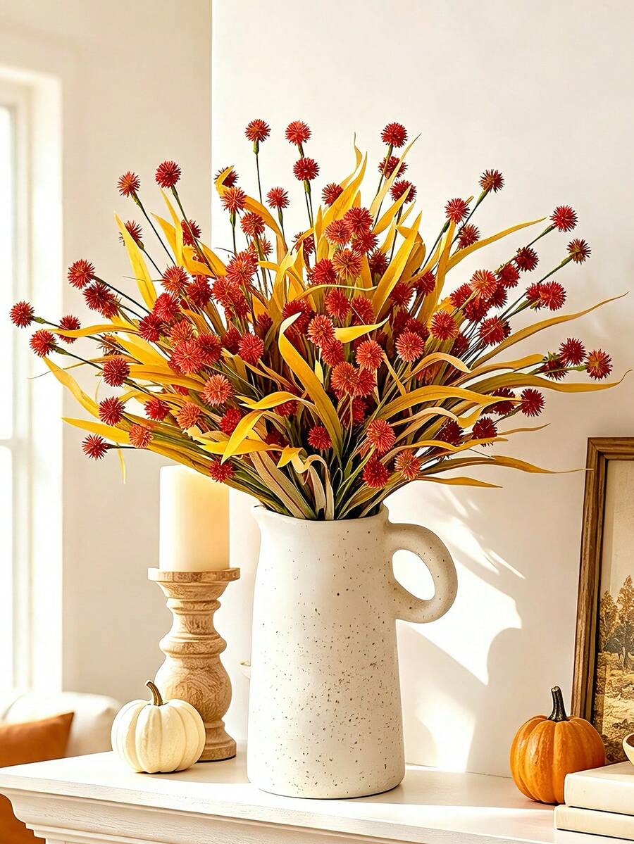 1 Pc Artificial Flowers Mini Dandelion Branches Long Stem Fake Flowers For Vase Filler Fall Decor Home Table Decoration DIY Centerpieces - Burnt Orange - View 1