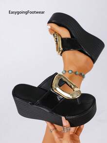 Women's Summer Metal Buckle Toe-Post Wedge Sandals, Thick Sole Height-Increasing Lightweight Soft Bottom, Versatile For Outdoor, Vacation And Commute - Black - View 3