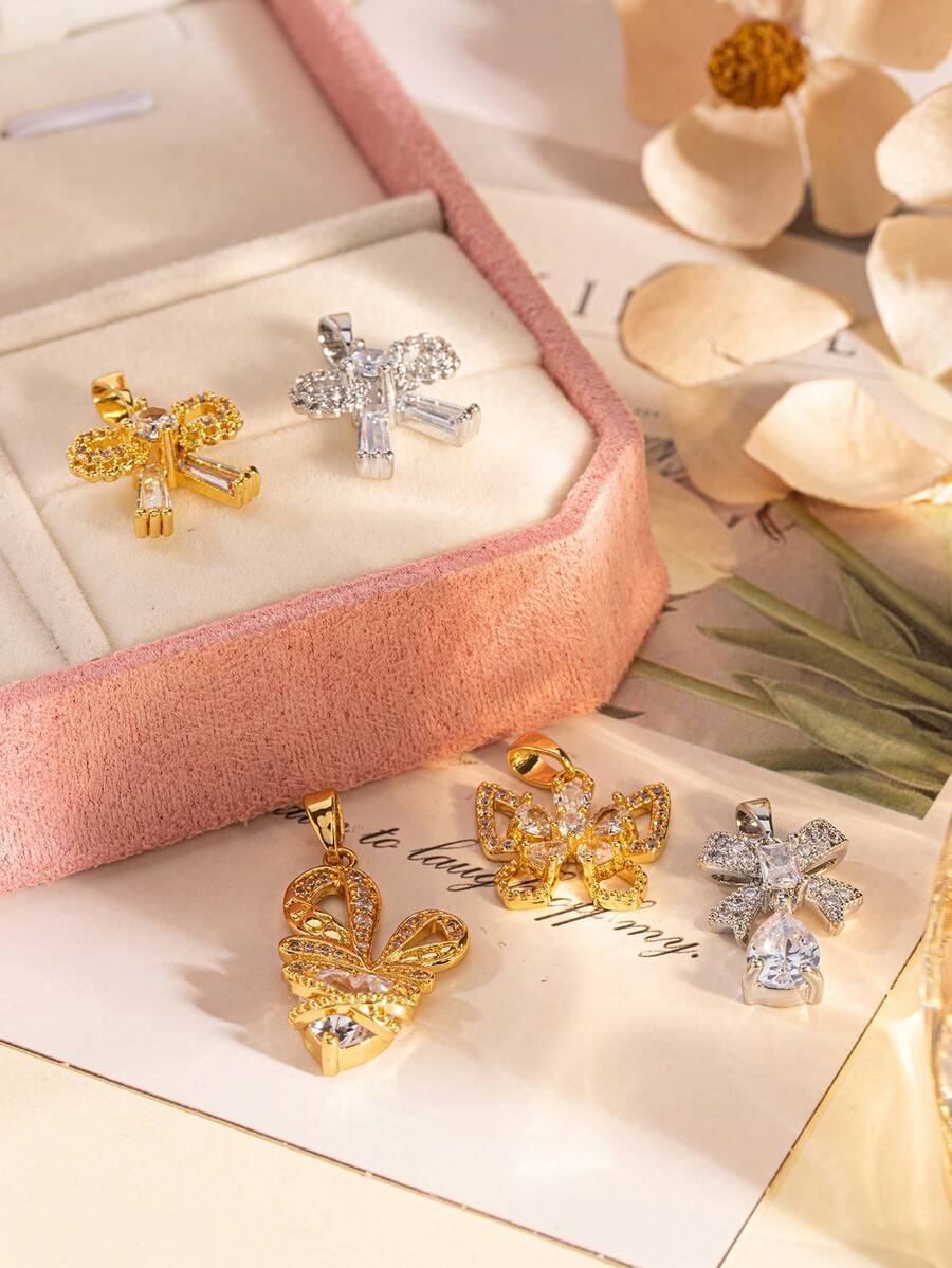 1Pc Elegant Gold Color Copper Inlaid Artificial Zirconia Bow DIY Charm For Women, Pendant For Necklace Bracelet Keychain Phone Ornament.(No Box) - Multicolor - View 1
