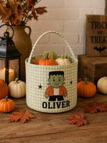 Personalized Halloween Baskets, Checkered Pattern Trick-Or-Treating Bags, Customizable With Names, Halloween Candy Buckets, Halloween Storage Baskets As Gifts. - Multicolor - View 6