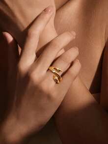 1Pc Elegant Gold Color Copper Irregular Curved Open Ring For Women Daily Birthday Party Jewelry Gift - Multicolor - View 5