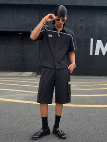 HOMIIE Men Black 2 Pieces Matching Set, Contrast Piping Short Sleeve Lapel Button Shirt & Multi Pocket Cargo Shorts,Patch Label Streetwear Daily Outfit - Black - View 3