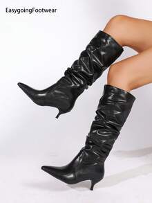 Women's Solid Color Ruched High-Top Knee-High Boots, Pointed Toe Stiletto Heel Slouchy Boots - Black - View 3