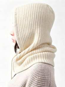 1PC Women's Fashion Scarf Knitted Hood, Beanie Drawstring One-Piece Hat Warm Balaclava Commuter Versatile White - Beige - View 2