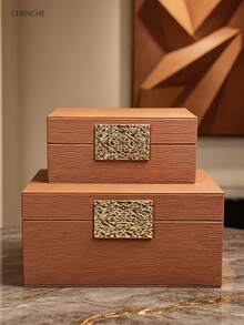 2pcs Large Capacity Vertical Water Ripple PU Leather Jewelry Box Set, With Embossed Gold Edge Rectangular Metal Plate, Beige Rectangular Luxury Jewelry Storage Organizer Box, Dressing Table Bedroom Decor Gift - Beige - View 13