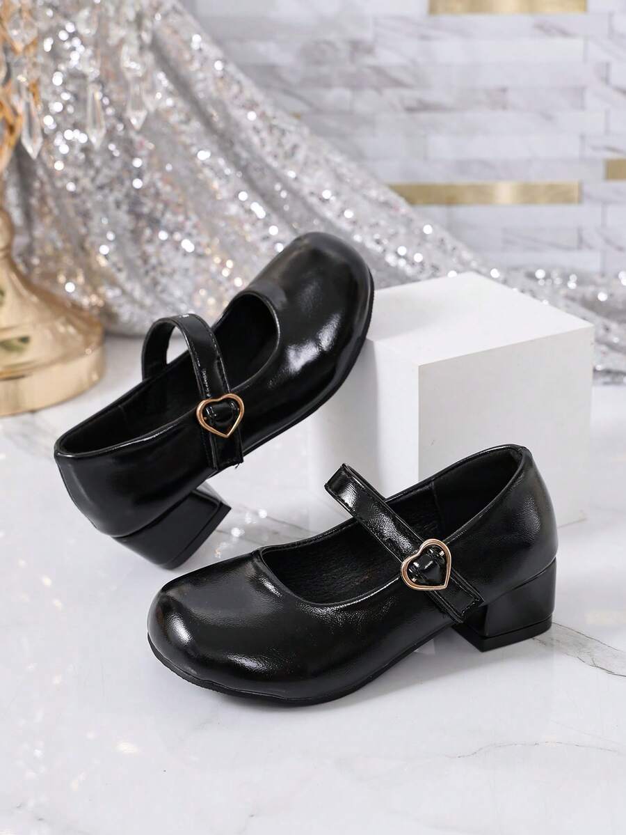 Black Mary Jane High Heels With Heart Buckle And Straps For Girls, Princess Flats For Performance Dresses - Black - View 1
