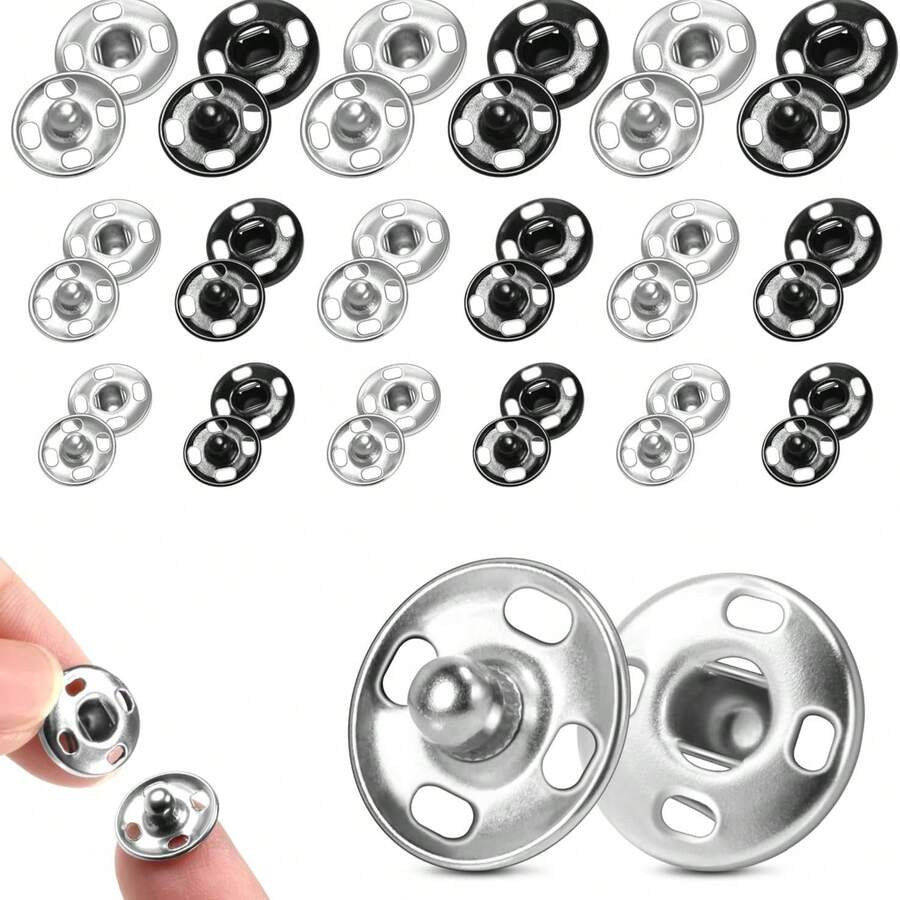 50/100 buah Kancing Jepret Logam 8mm, Kancing Jahit Tak Terlihat untuk Jahit DIY, Pakaian dan Dompet, Hitam dan Perak - A - View 1