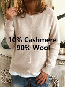 HEYMINI Women's New Round Neck Basic Knit Wool Cardigan, Soft And Versatile Autumn/Winter Long Sleeve Sweater, Perfect For Daily Wear - Apricot - View 3