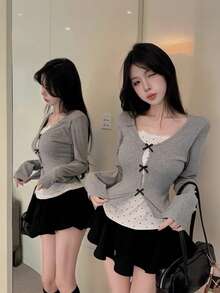 Women's 2-In-1 Bowknot Polka Dot Long Sleeve T-Shirt, Early Autumn Pure Desire Hot Girl Style Unique Gorgeous Base Layer Top - Grey - View 10