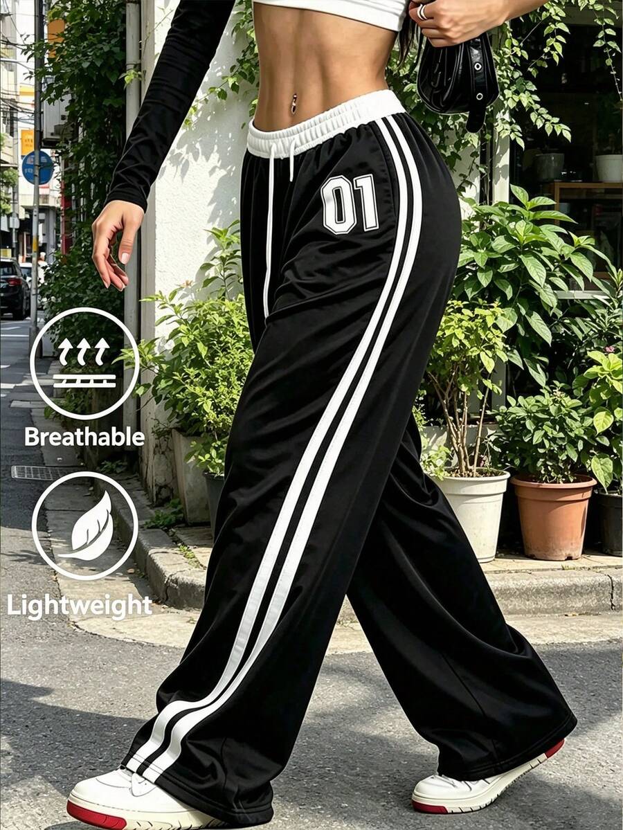 女款新款戶外休閒長褲，數位印花腰帶拼接休閒運動街頭復古風寬鬆運動褲，黑色 - 黑色 - 查看 1