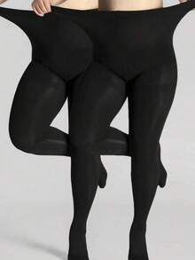 2pcs Plus Size Black High Elastic Pantyhose, Women's High Density Solid Color Shiny Glossy Stockings, Anti-Scratch, Suitable For Daily Wear - Black - View 4