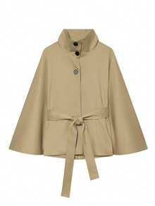Women's Elegant Solid Color Stand Collar Waist-Cinching Short Cape Jacket With Belt And Front Buttons, For Daily Wear - Khaki - View 4