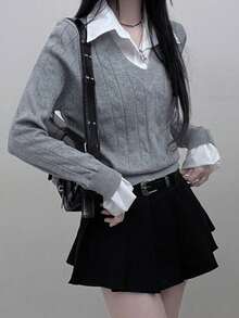 Atasan Rajut 2 in 1 Motif Patchwork Gaya Preppy - Grey - View 5