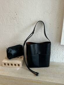 Mini Summer Fashion Texture Solid Color PU Bucket Bag Retro Versatile Women's Shoulder Bag - Black - View 4
