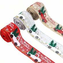 1 Roll Christmas Ribbon, 2 Inch X 5 Yards, Red Linen Texture Christmas Tree Print, Vintage Style Wired Ribbon, Suitable For DIY Wreaths, Gift Wrapping, Holiday Home Decor - Multicolor - View 5