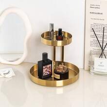 2 Tier Round Gold Makeup Organizer Metal Vanity Tray Double Layer Storage Rack For Perfume Jewelry Cosmetic Bathroom Dresser Decor - Multicolor - View 8
