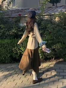 High Waist A-Line Pleated Asymmetrical Hem Mid-Length Women's Skirt - Brown - View 8