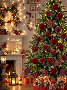 12PCS Red Plush-Texture Christmas Ornament-An Outdoor/Patio Christmas Tree Decoration Perfect For Creating A Festive "Winter Wonderland" Atmosphere; Suitable For New Year And Christmas Decor, Home And Garden Styling, And Holiday Table Settings. - Multicolor - View 6