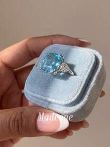 MADEONE 1pc Classic Round 5 Carat Cubic Zirconia Ring, Women's Jewelry, Suitable For Daily Wear, Dating, Party, Perfect Gift For Girlfriend - Aquamarine Diamond - View 4